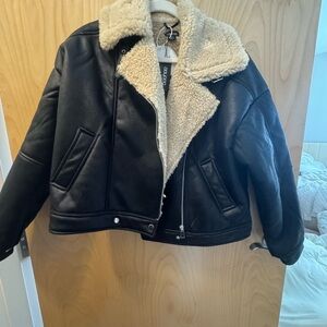 Boohoo Black Leather Jacket with Cream Shearling